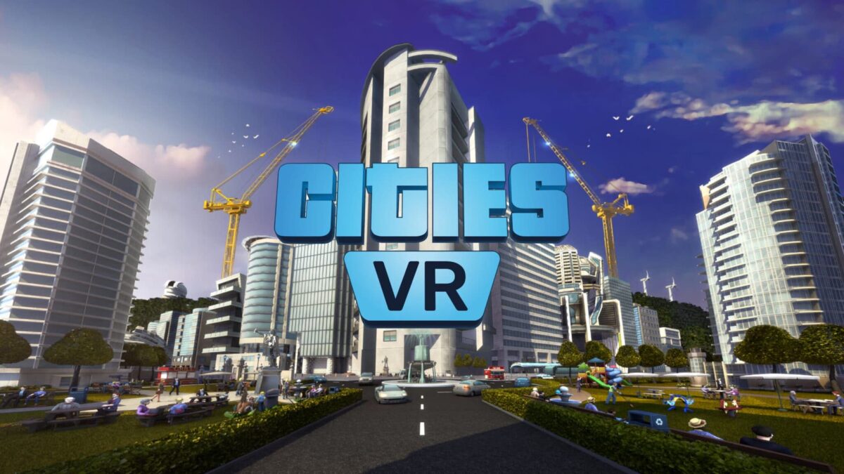 Cities VR Logo mit virtueller Stadt im Hintergrund