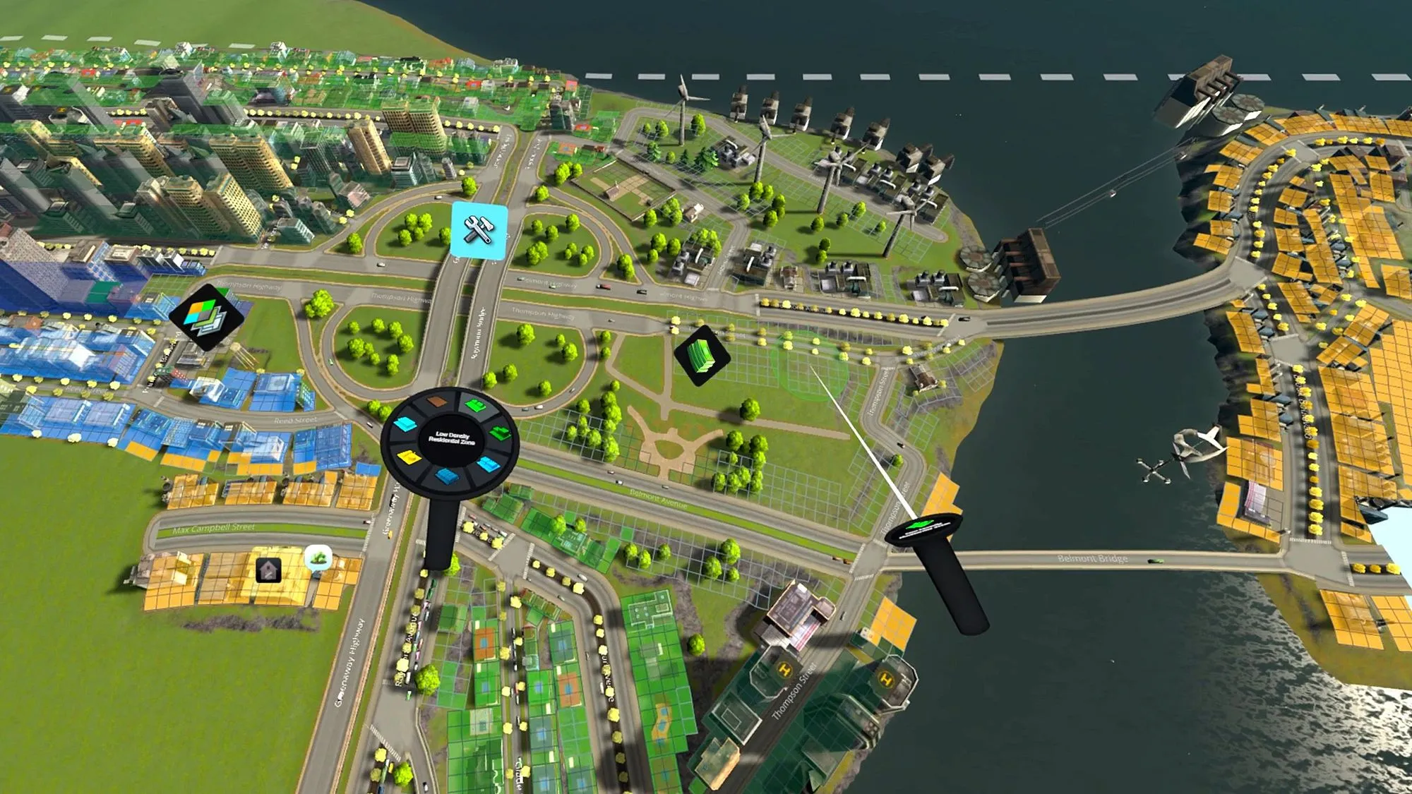 Blick auf eine Stadt in Cities: VR mit VR-Controller und Kreismenü im Vordergrund