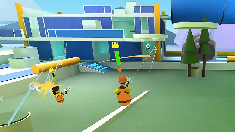 Avatare spielen ein virtuelles Paintball in Horizon Worlds.