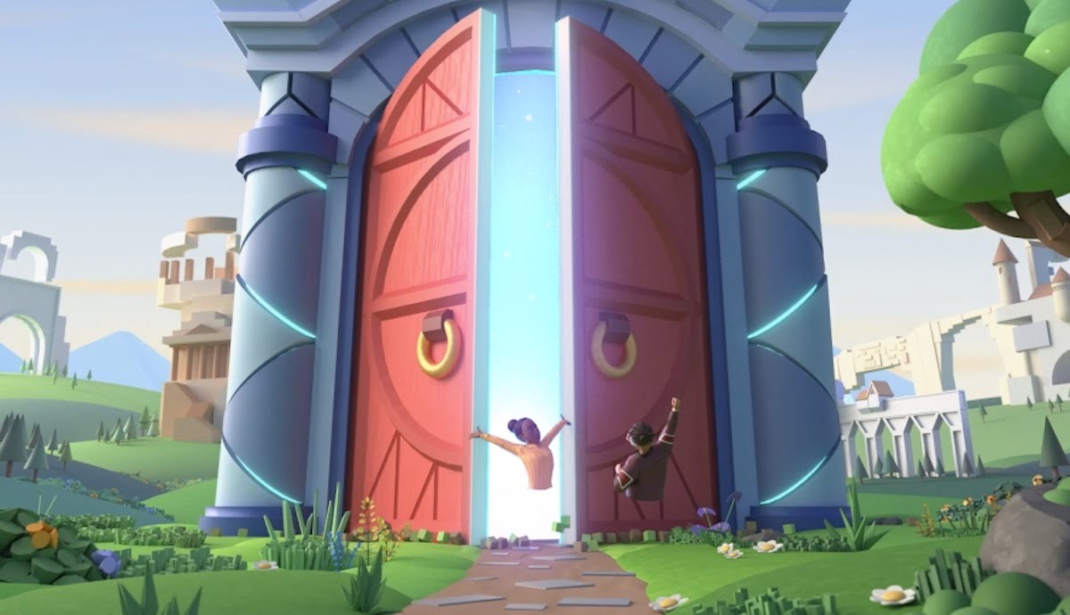 Zwei Avatare stehen vor einem sich öffnenden Tor.