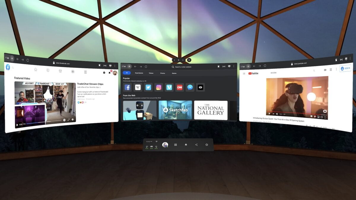 Oculus Browser mit drei offenen Tabs vor virtuellem Hintergrund