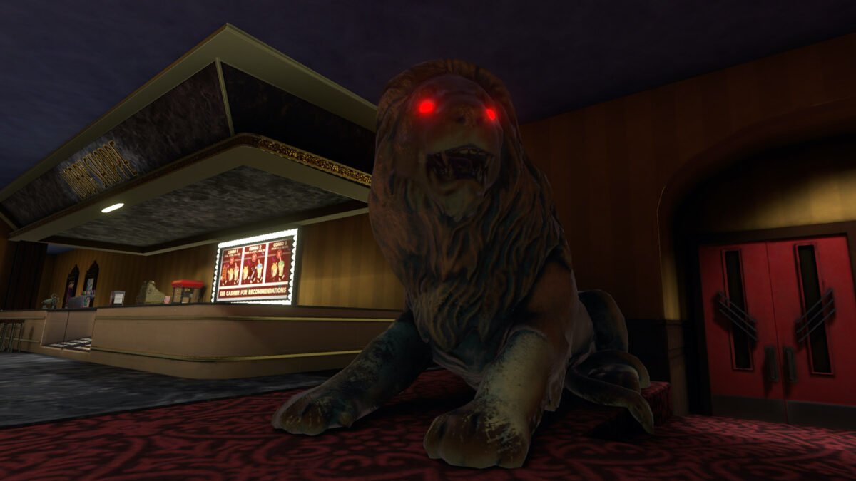Die Lobby des Kinos mit großer Löwenstatue.