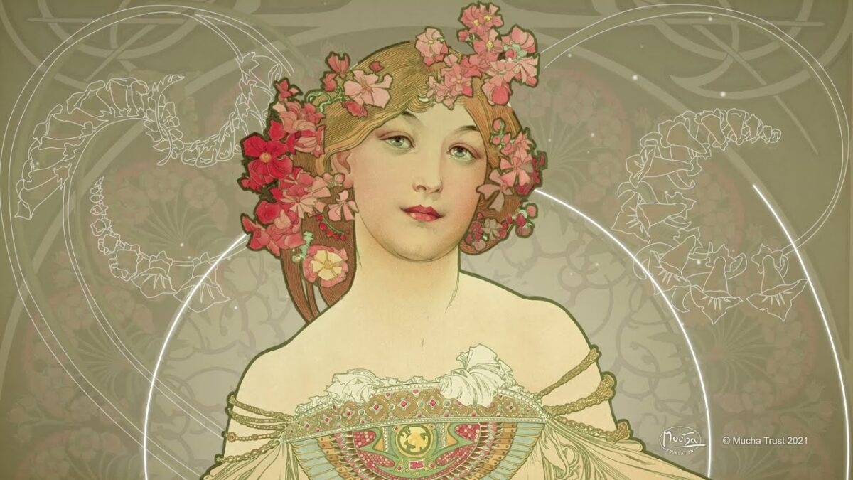 Ein Bild des Jugendstil-Künstlers Alphonse Mucha. Man sieht eine junge Frau mit Blumenkranz im Haar.