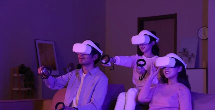 Вся семья играет в Adventure Dream в очках VR в гостиной.