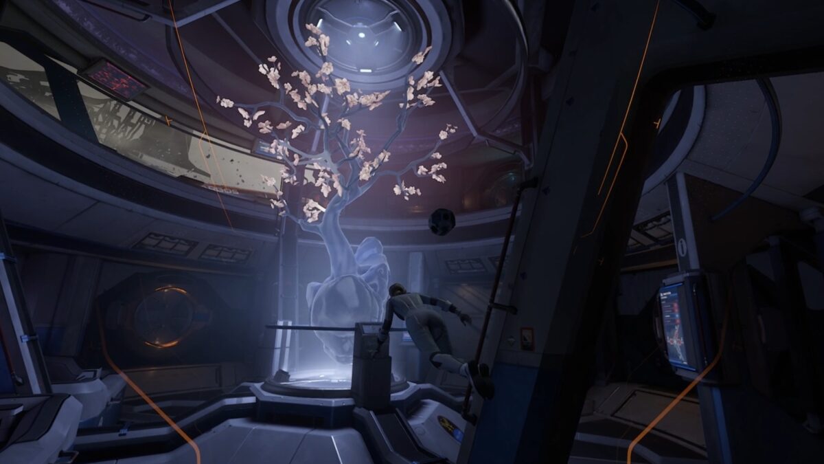 Lone-Echo-2-Protagonistin Liv Rhodes schwebt in einem Raumschiff einem Hologramm-Baum entgegen
