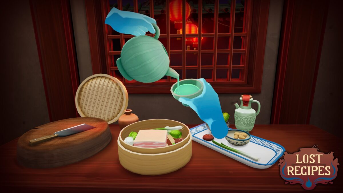 Ein traditionelles chinesisches Gericht und die VR-Hände eines Spielers, die Tee eingießen