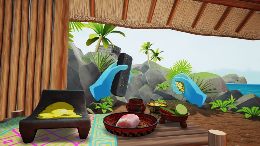 Eine virtuelle Maya-Küche mit VR-Händen, die ein Gericht zubereiten