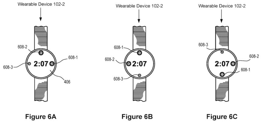 Patentzeichnung von Metas Smartwatch mit verschiedenen Kameraorientierungen
