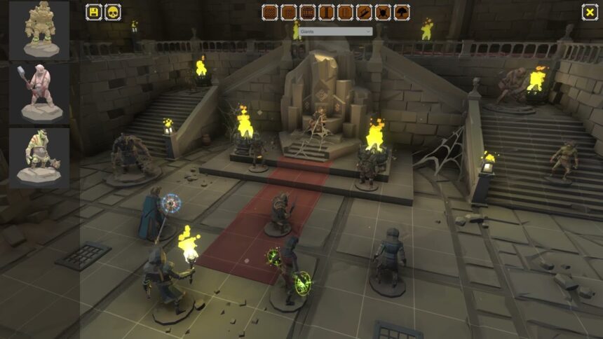 Eine Tabletop-Spielszene aus Questhaven mit Fantasy-Saal und Spielfiguren
