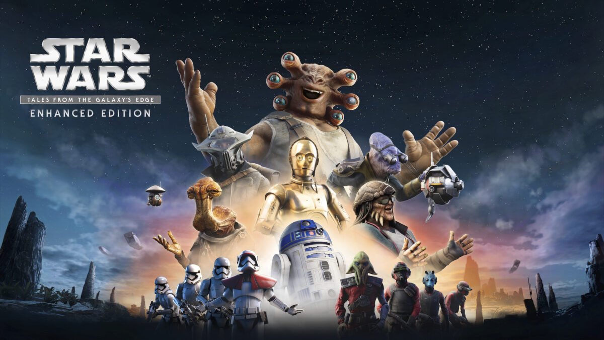 Artwork von Star Wars: Tales from the Galaxy's Edge, das die Hauptfiguren im Stile klassischer Filmposter zeigt.