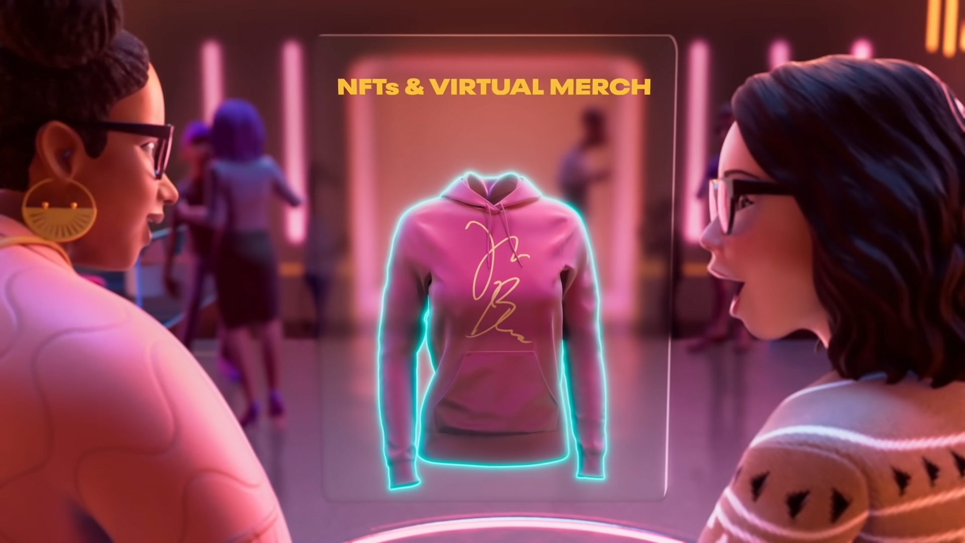 Zwei Frauen stehen als Avatare vor einem digitalen Schaufenster und schauen ein Shirt an.