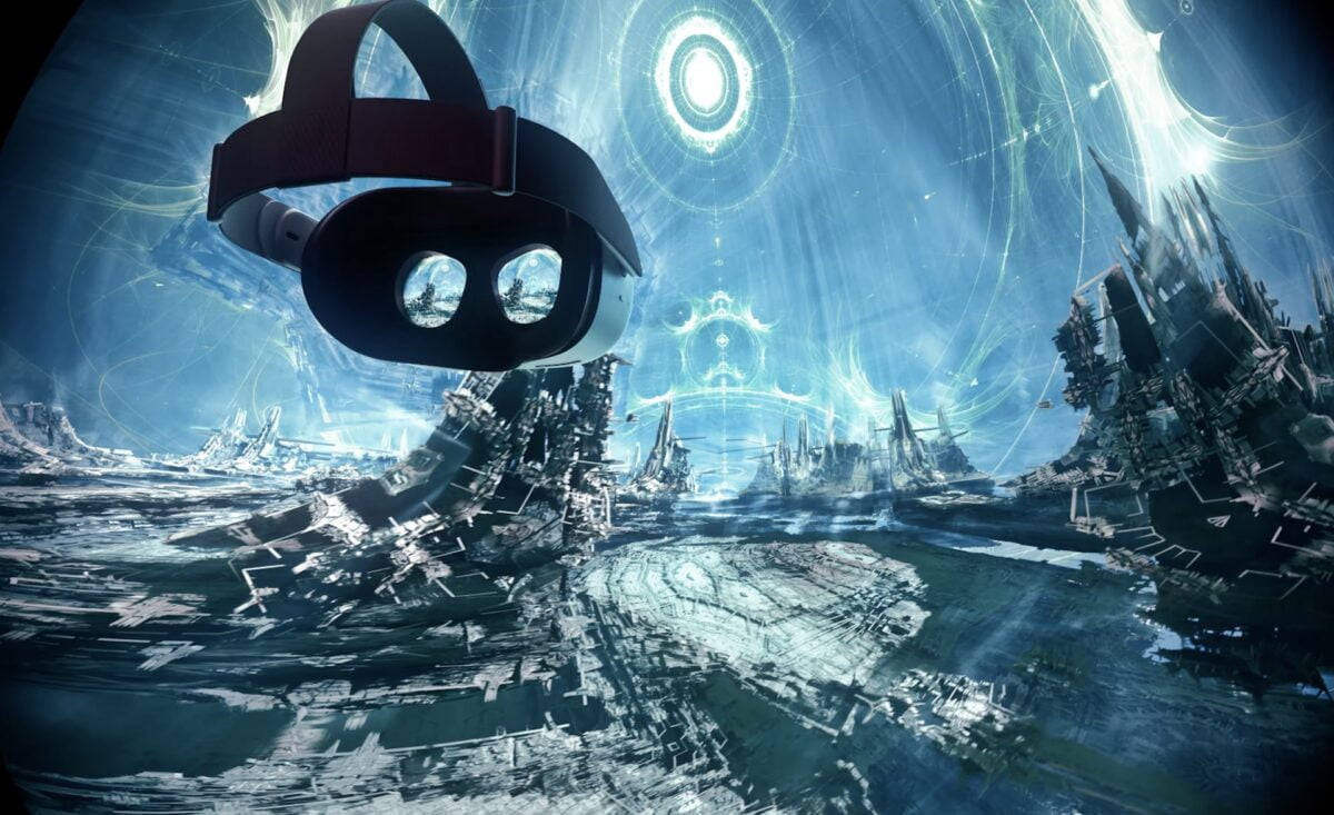 VR-Brille schwebt durch surreale 3D-Fraktallandschaft.