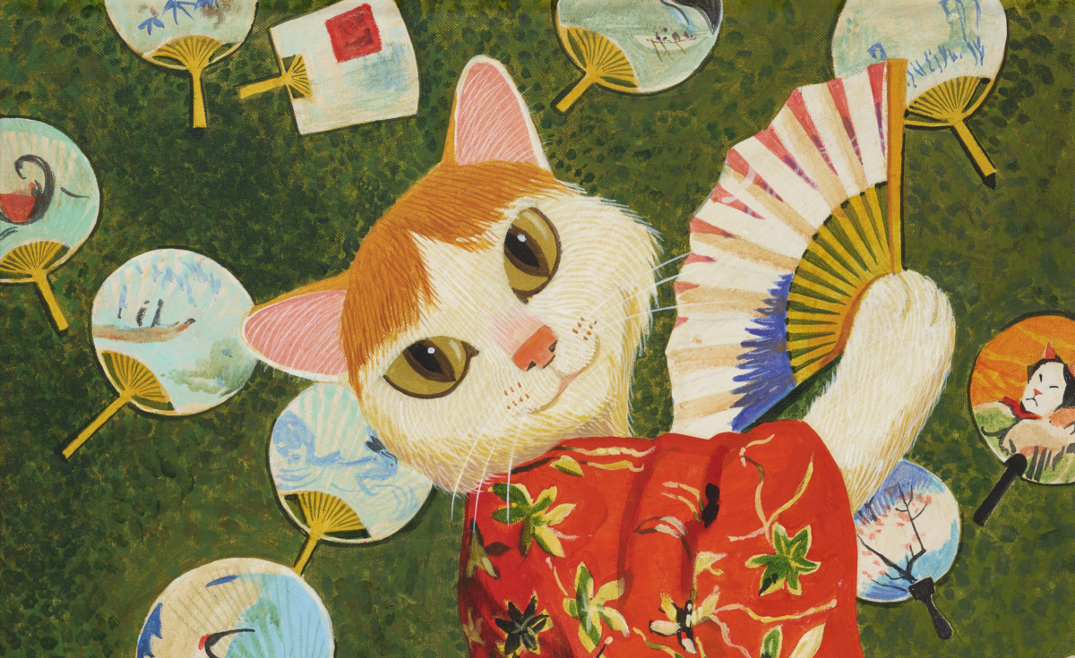 Shu Yamamotos NFT-Gemälde "Meow Meownet in Kimono" zeigt eine Katze mit Fächer.