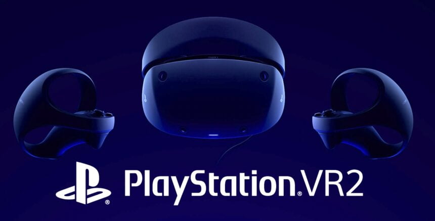 Playstation VR 2 samt Controllern, Logo und Schriftzug.