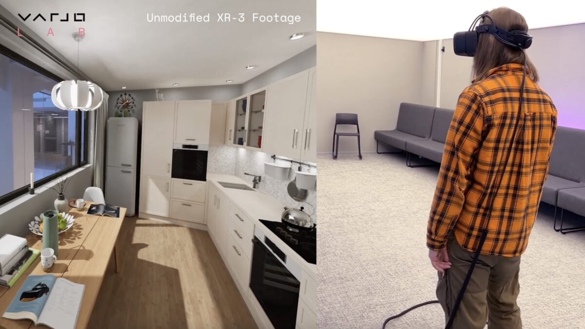 Mixed-Reality-Küche neben Mann mit VR-Brille.