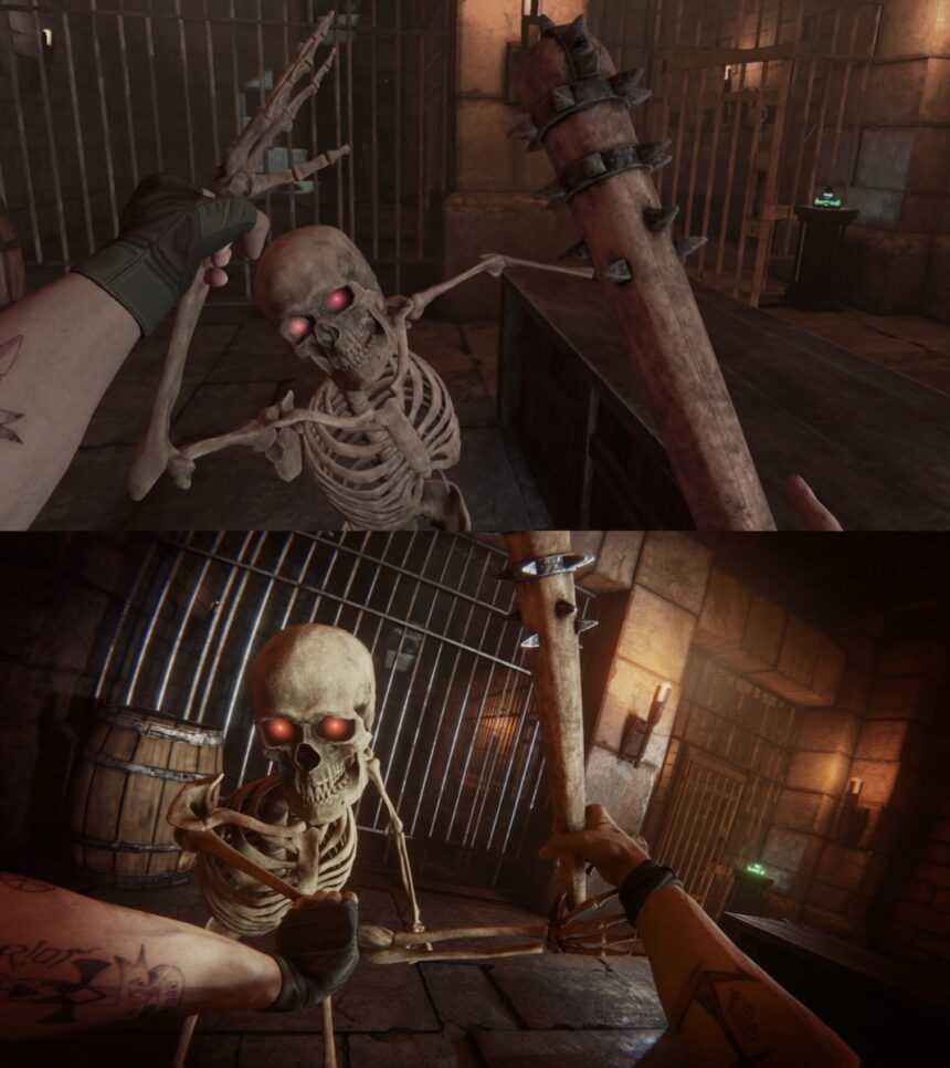 Der Spieler interagiert mit einem Skelett, einmal in der Quest- und einmal in der PC-VR-Version.