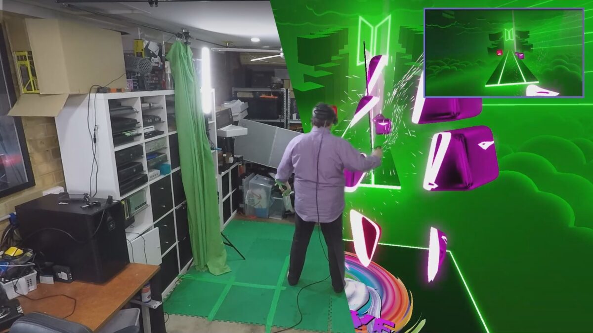 Mann mit VR-Brille steht halb in physischer, halb in digitaler Realität.