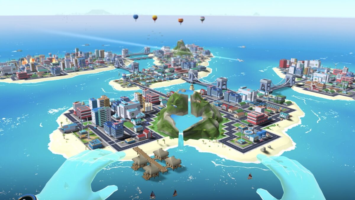 Der Spieler schwebt über einer dicht besiedelten Inselstadt.