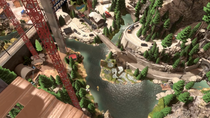 Blick von einer Holzbrücke auf das Miniatur-Wunderland in VR