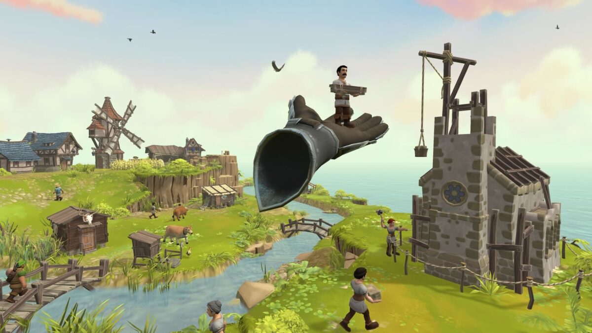 Siedler steht mit Bretterstapel auf der hand des VR-Spielenden in Townsmen VR