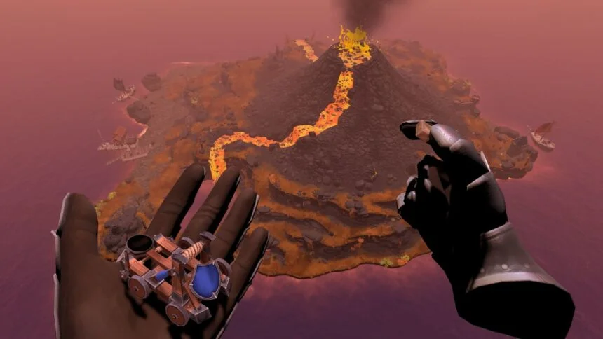Die beiden Hände des Spielenden in Townsmen VR halten ein Katapult und einen Stein