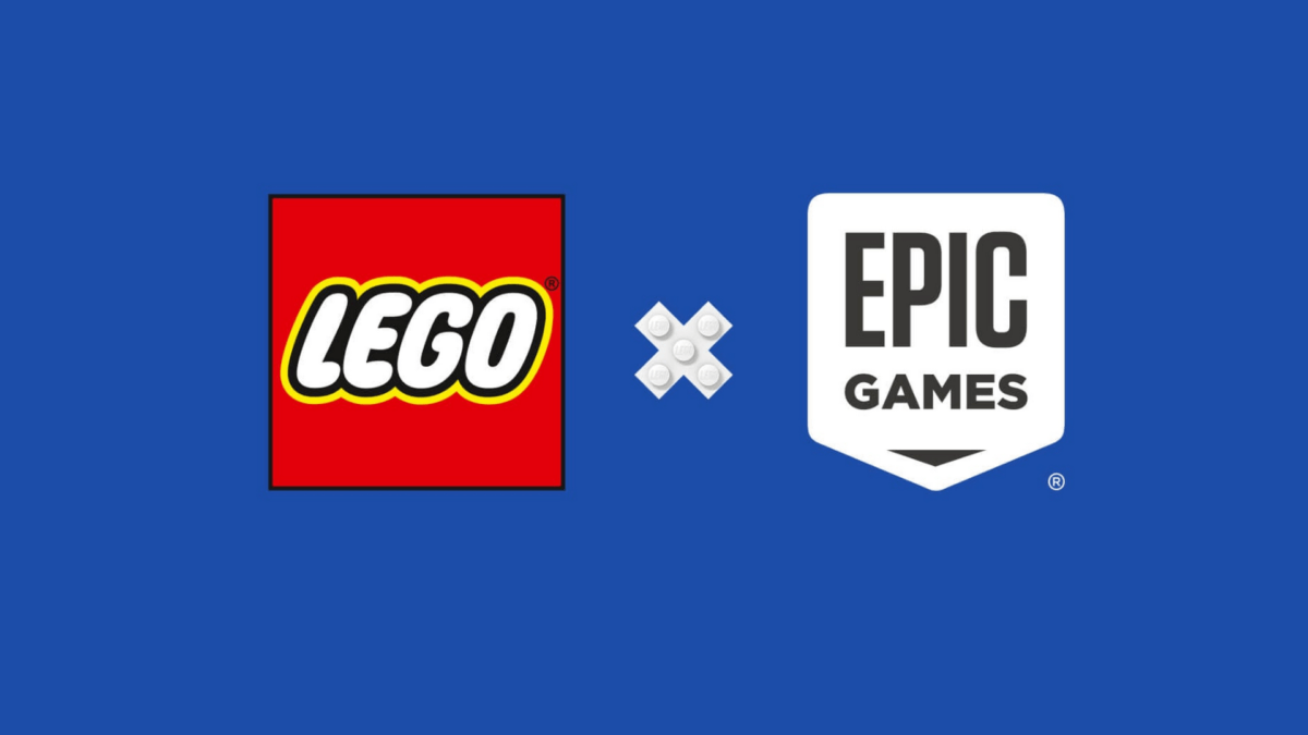 Logos von Epic Games und Lego auf blauem Grund