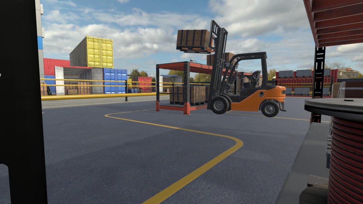 Virtueller Gabelstapler hebt Palette auf ein Regal in Best Forklift Operator VR
