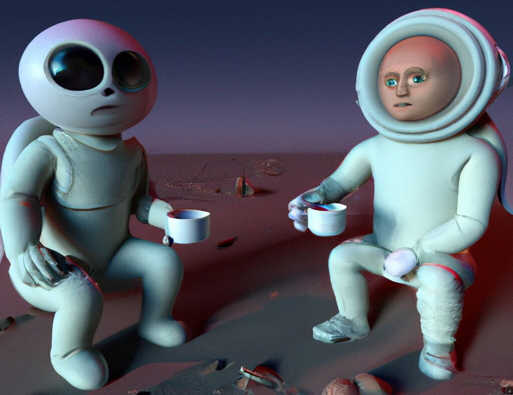 Ein Alien und ein Mensch trinken Kaffee auf dem Mars - KI-generiertes Bild
