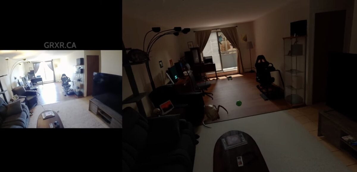 Links ein Kamerabild der echten Wohnung, rechts das digitale Replikat aus Half-Life: Alyx.