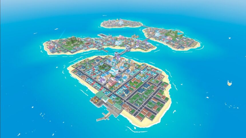 Vier vollgebaute Inseln im VR-Spiel Little Cities