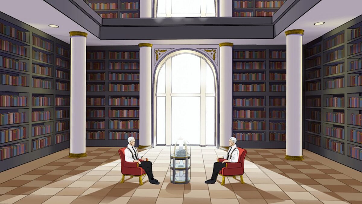 Zwei identisch aussehende Männer sitzen in einer weitläufigen Bibliohtek.