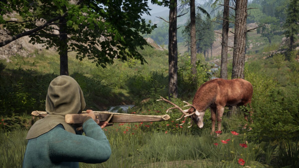 Eine mittelalterliche Frau zielt auf einen Hirsch.