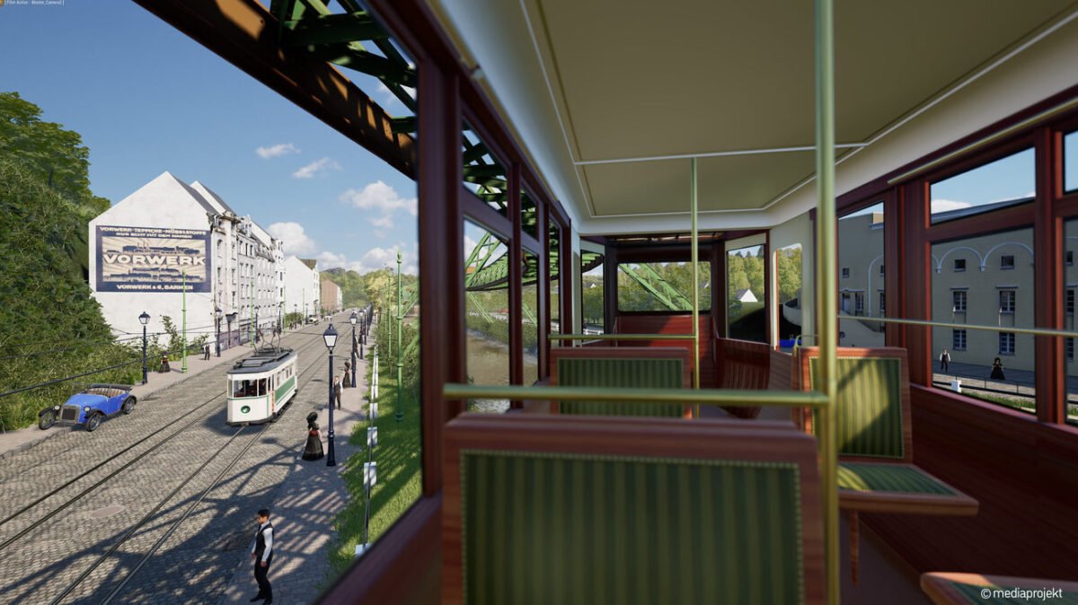 Das Bild zeigt einen Ausblick aus der virtuellen VR-Schwebebahn in Wuppertal.