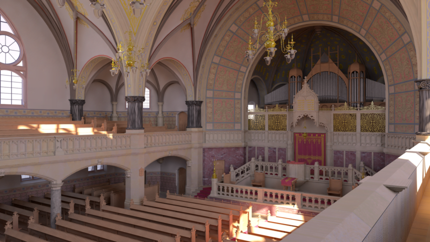 Blick auf den Innenbereich der Synagoge Dortmund, rekonstruiert für Virtual Reality