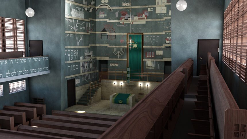 Benches at the Plauen Synagogue Gallery in virtual reality, interior view with benches and altar