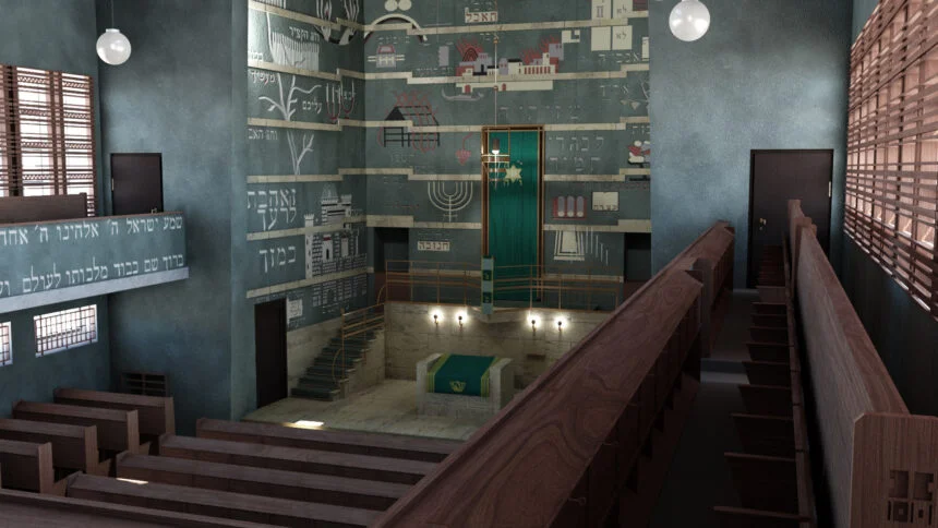 Bänke der Empore der Synagoge Plauen in VR, Blick auf den Innenraum mit Bänken und Altar