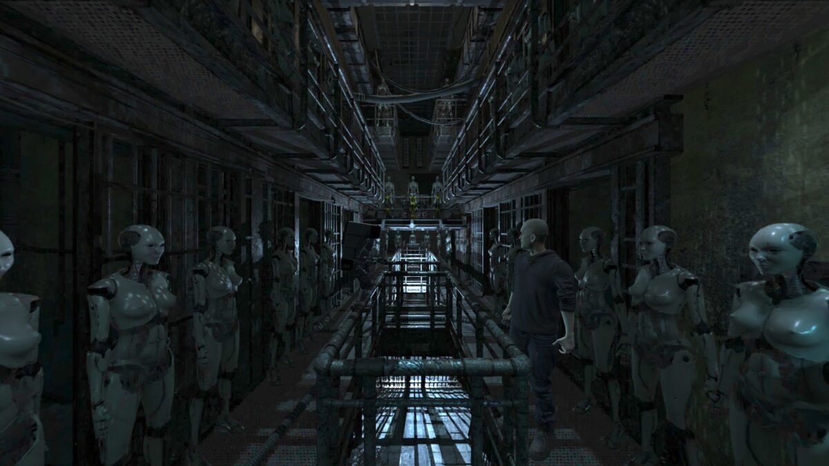Ein Gefängnistrakt im Halbdunkel mit Androiden.