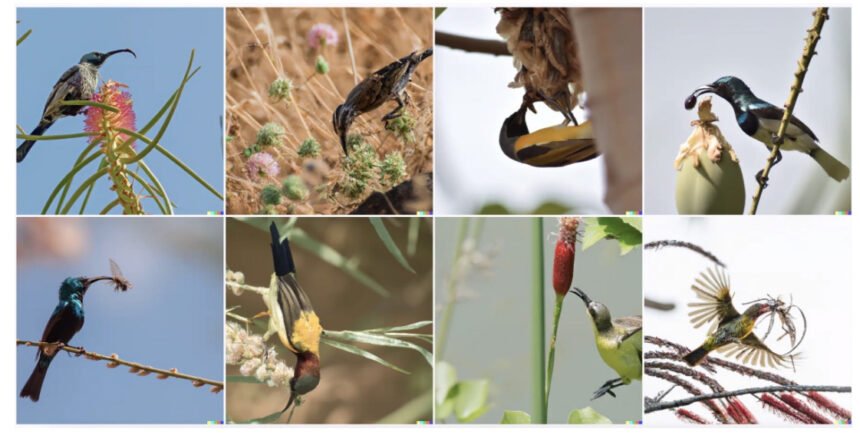 Vögel, die Insekten fressen. Von DALL-E 2 generierte Bilder.