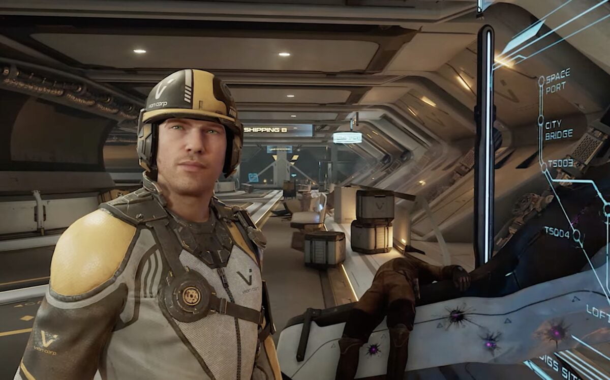 Realistisch gerenderter NPC-Soldat steht in einem futuristischen Gang.