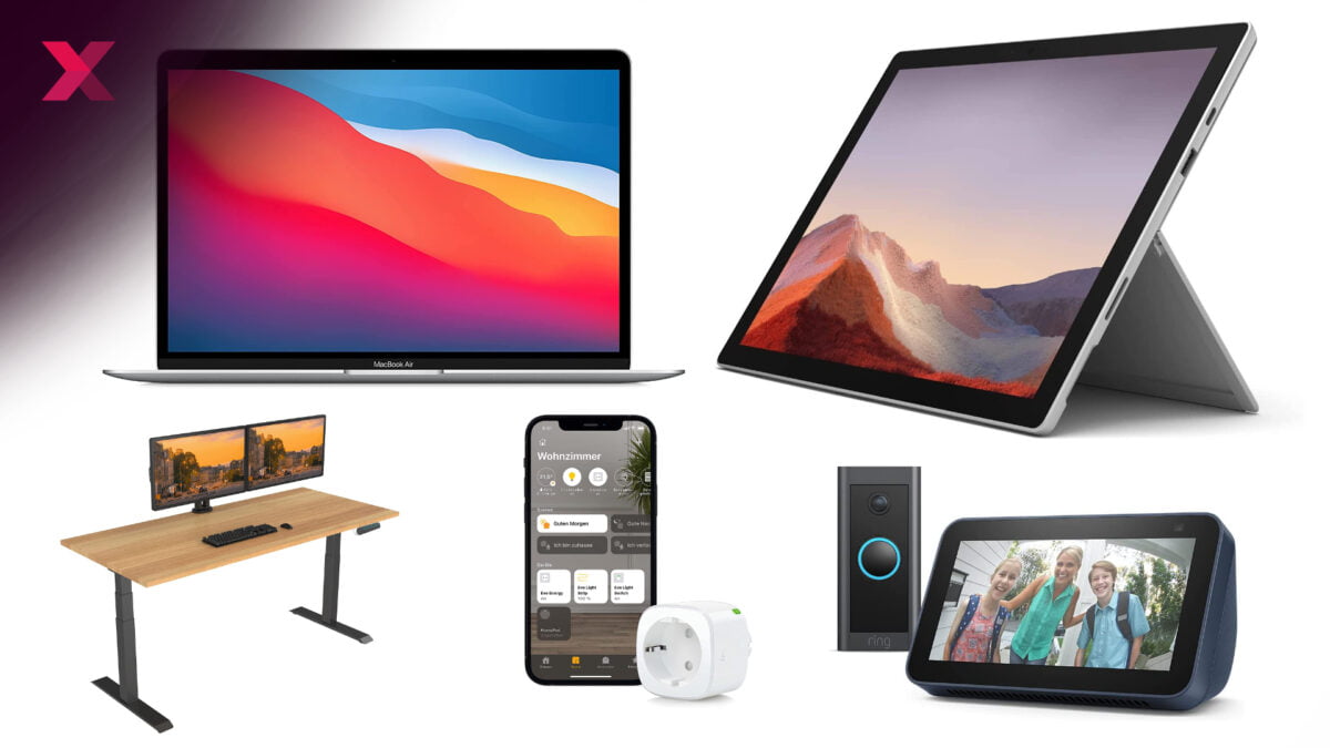 Heute in den Deals: Alles rund ums Homeoffice. Microsoft Surface Pro 7, Flexispot Schreibtische, Apple MacBook Air, Office-Laptops und mehr.