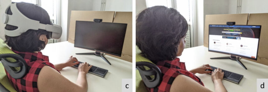 Eine Frau arbeitet einmal in der Virtual Reality und einmal in der physischen Realität im Büro.