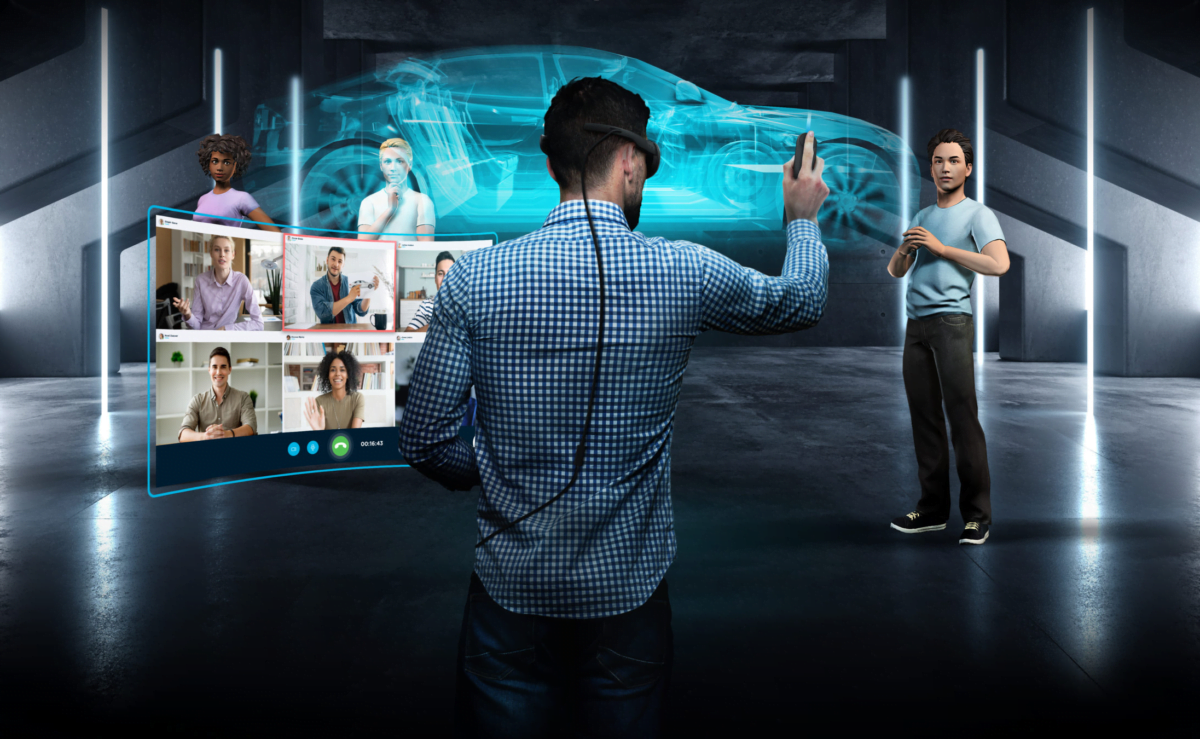 Im virtuellen Büro treffen sich Mitarbeiter mit der VR-Brille Vive Flow und Kamera-Streams.