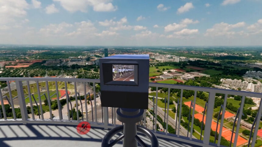 360-Grad-Blick über München mit Video von den Olympischen Spielen 1972 im Vordergrund in einem virtuellen Fernglas