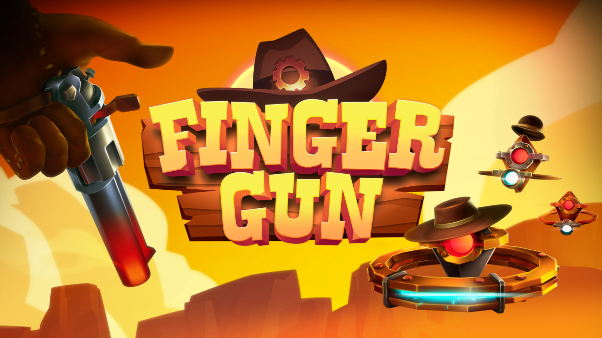 Artwork des VR-Spiels Finger Gun mit zur Pistole gewordenem Finger und Robo-Gegnern.
