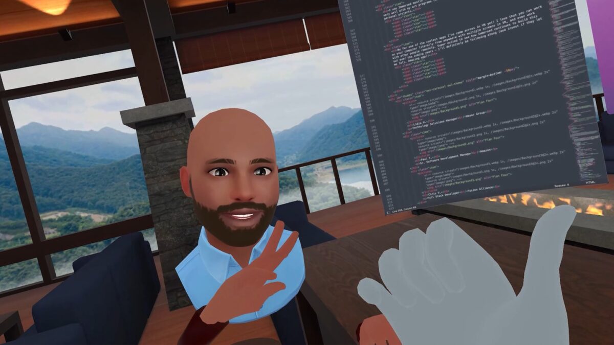 Zwei Immersed-Avatare treffen sich im VR-Büro vor einem virtuellen Tisch.