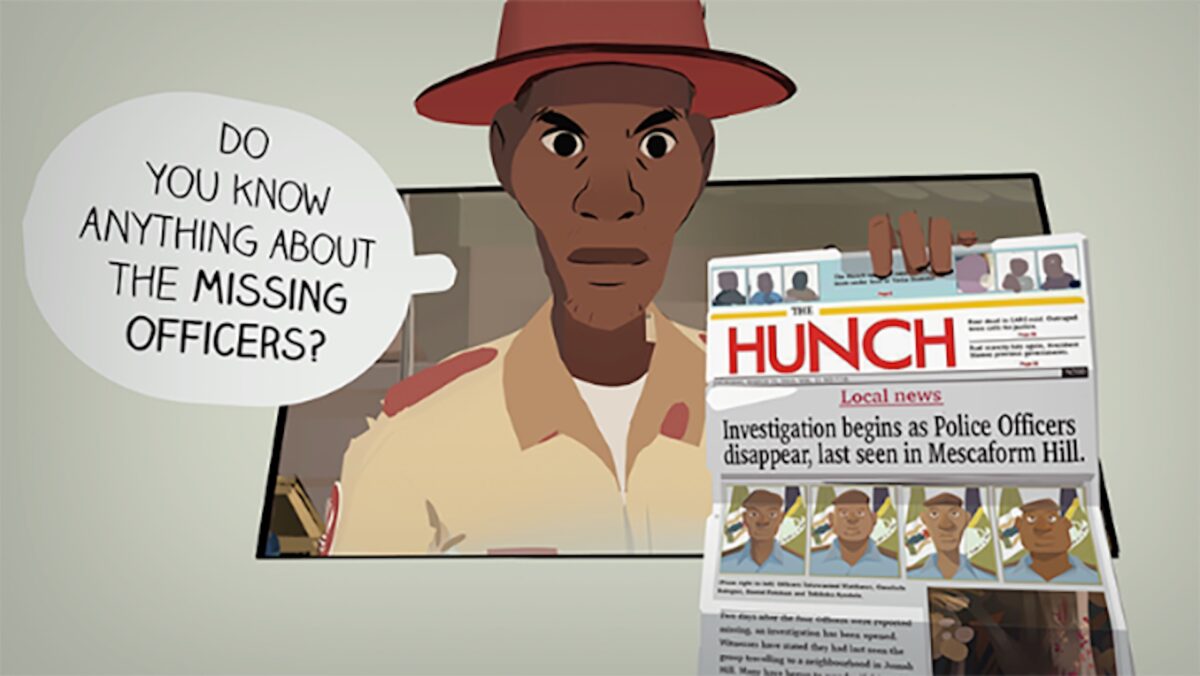 Aus einem 3D-Comic-Panel ragt ein Polizist mit einer Zeitung in der Hand, auf der vier Vermisste zu sehen sind.