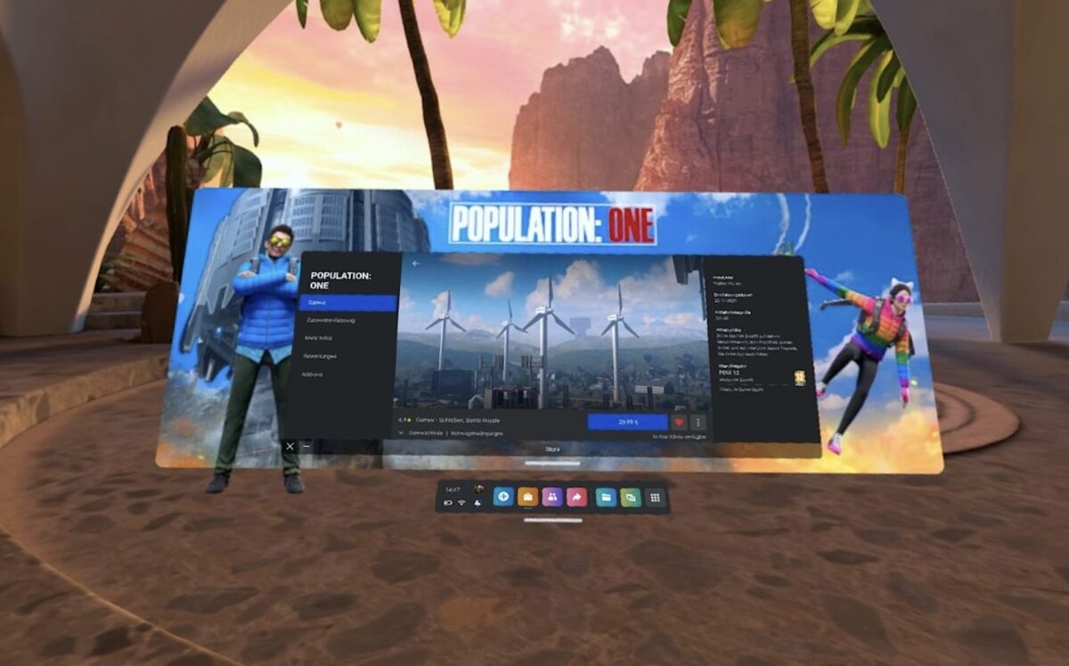 Die Produktseite eines VR-Spiels in einer Quest-Startumgebung.