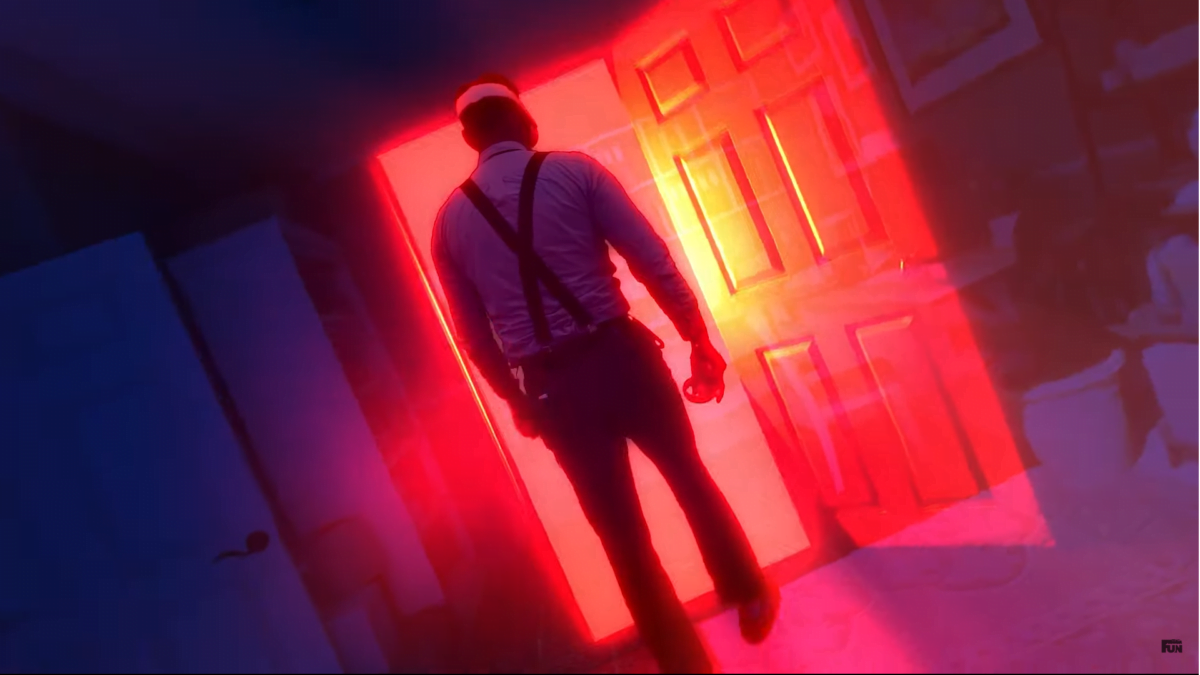 Ein Mann mit VR-Brille schreitet durch eine mysteriös glühende Tür.