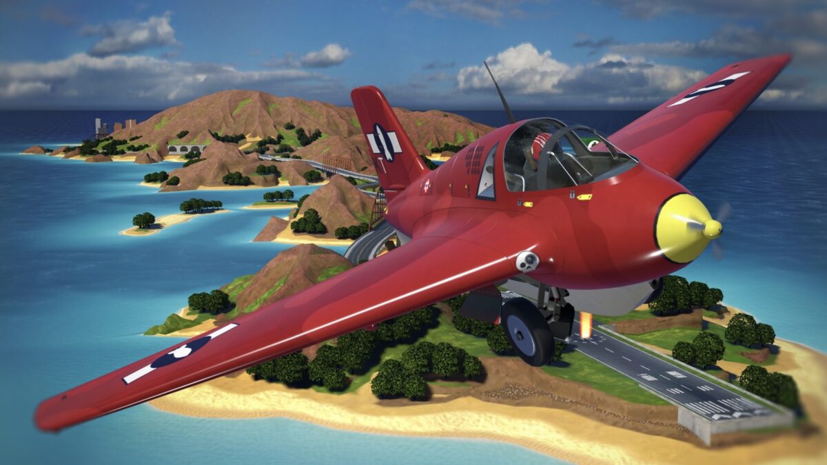 Eine rote Propellermaschine über einer virtuellen Inselkette.