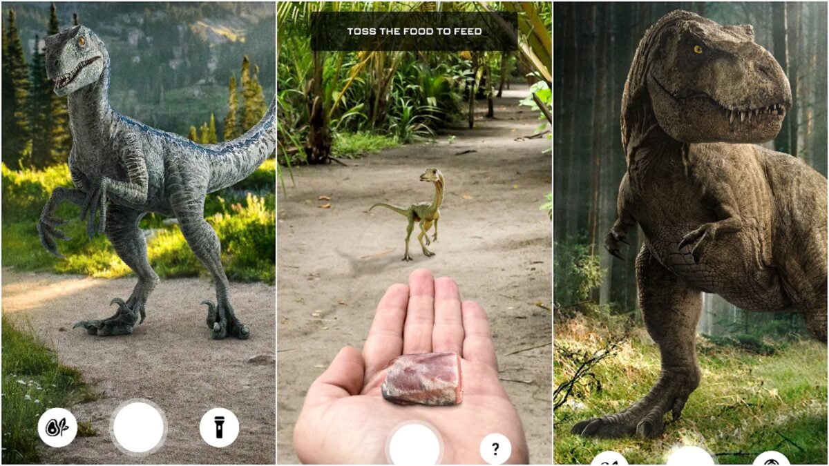 Drei Konzeptbilder, die visualisieren sollen, wie die AR-Dinos auf dem Smartphone aussehen.